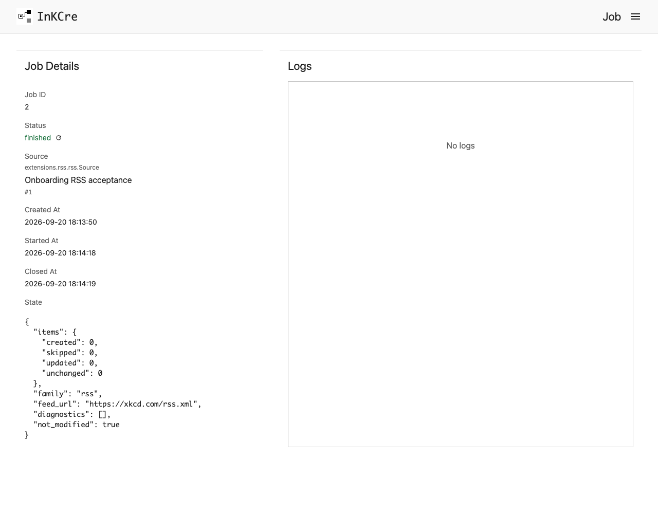 A finished RSS collection Job with its Source, timestamps, state, and diagnostics