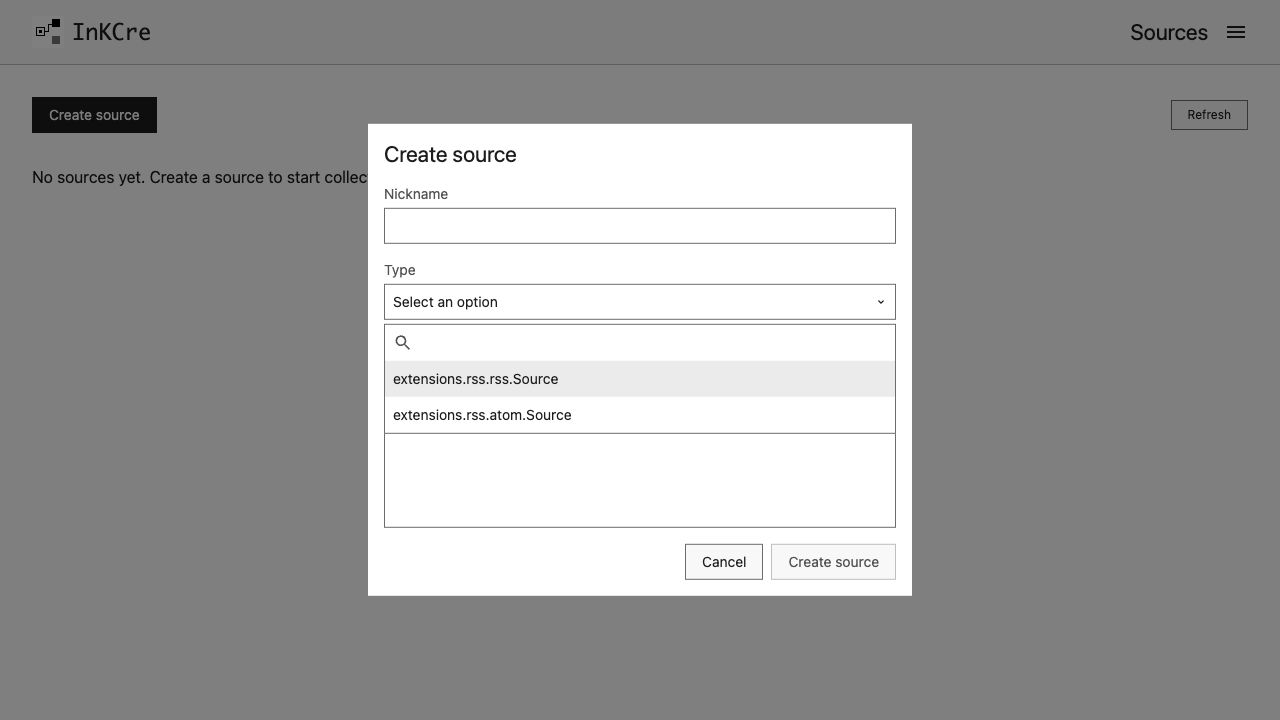 Create Source with the searchable Type dropdown open