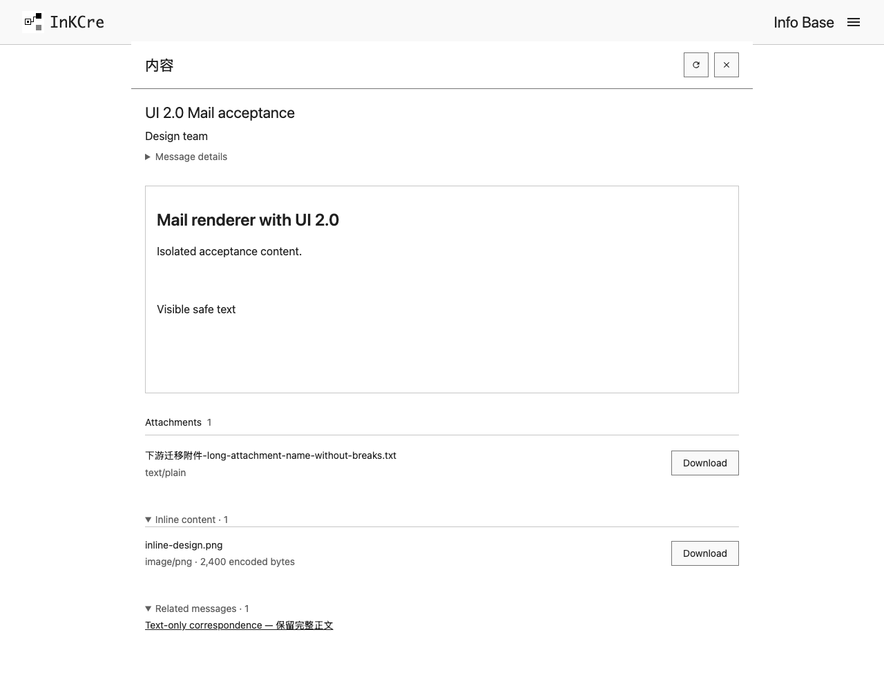 A collected email opened in Info Base with content, attachments, and related messages