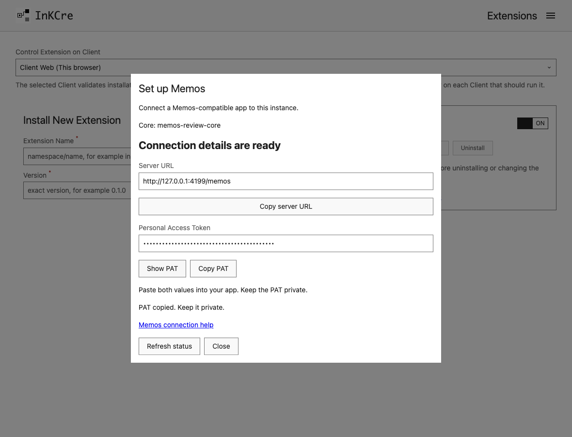 Memos setup showing a ready Server URL and masked Personal Access Token