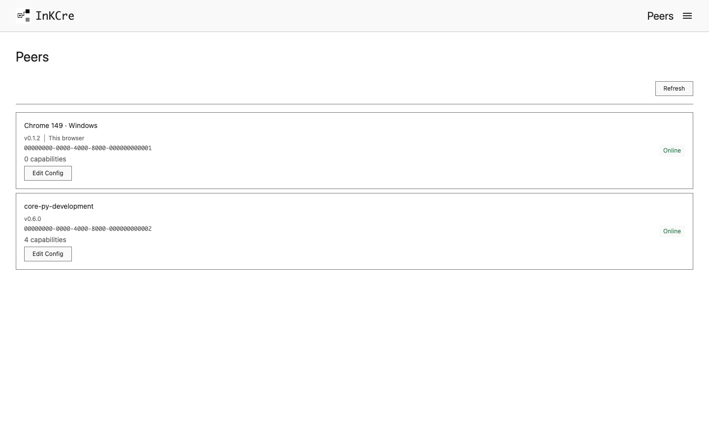 Client-web Peers showing the current browser and Core with their versions and states